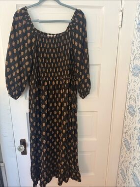 Fat Face Black Midi Dress with Gold Paisley Print